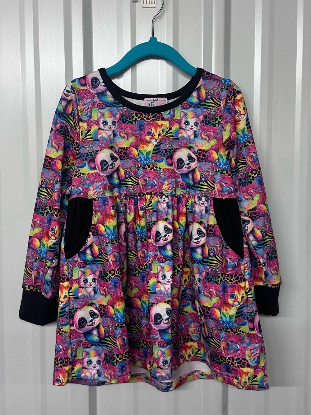 Girls Pete & Lucy Rainbow Animal Print Twirl Dress Long Sleeve Pockets Colorful